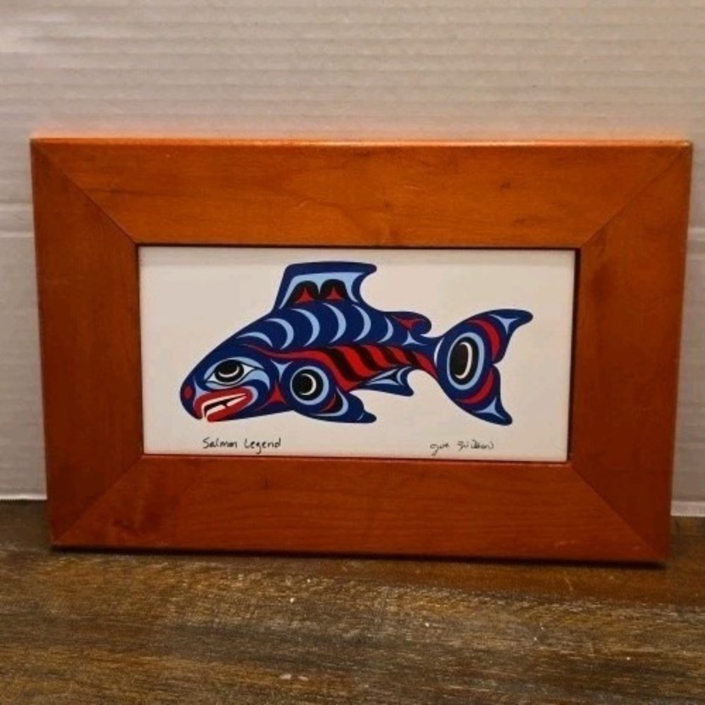 Joe Wilson Salmon Legend Framed Ceramic Tile Art First Nations Coast Salish Sign